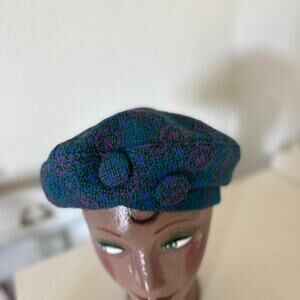 Vintage Blue Green Lilac Wool Weave 2 Button Beret Hat 1960s Retro Mod